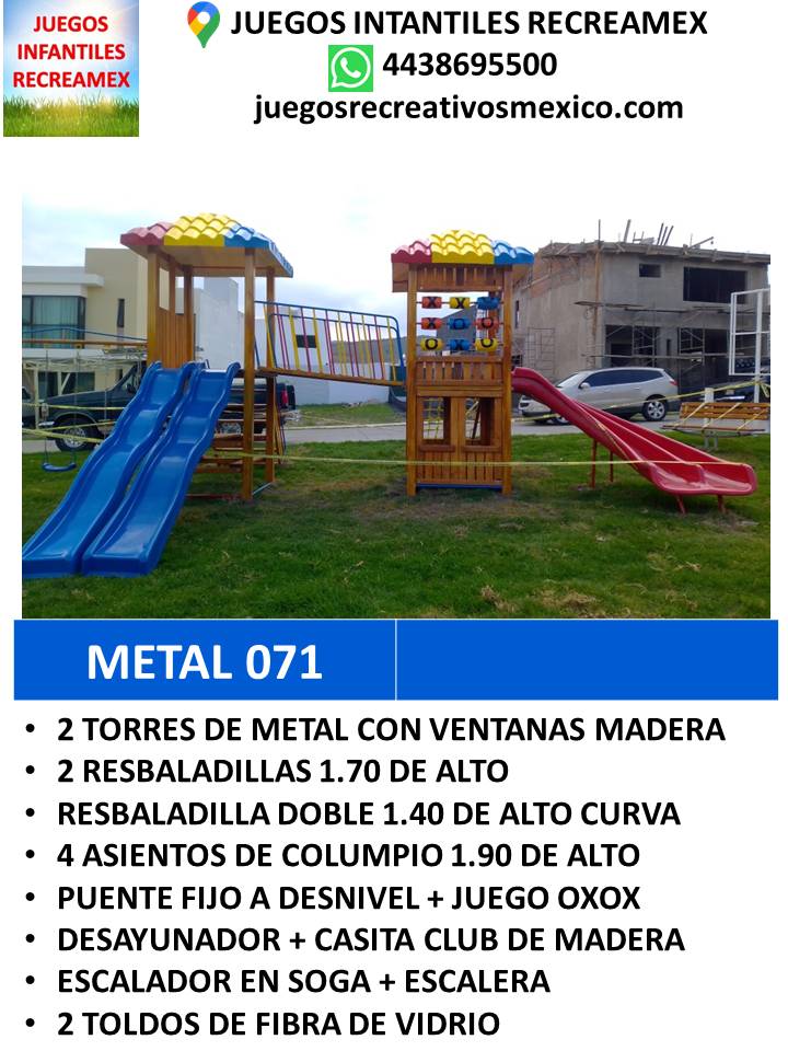 modulo de metal con resbaladilla, escalras en arco, puente en arco